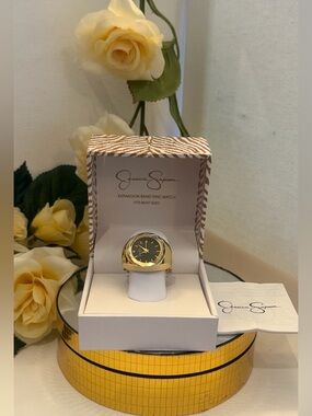 Jessica Simpson Gold-Tone Faceted Crystal Dial Ring Watch-Black Face Stretchable